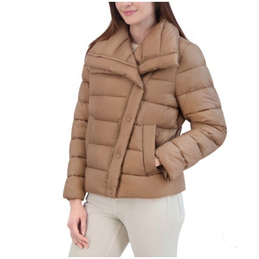 TAHARI Women's XL (12) Asymmetrical Quilted Puffer Jacket Packable Caramel NWT